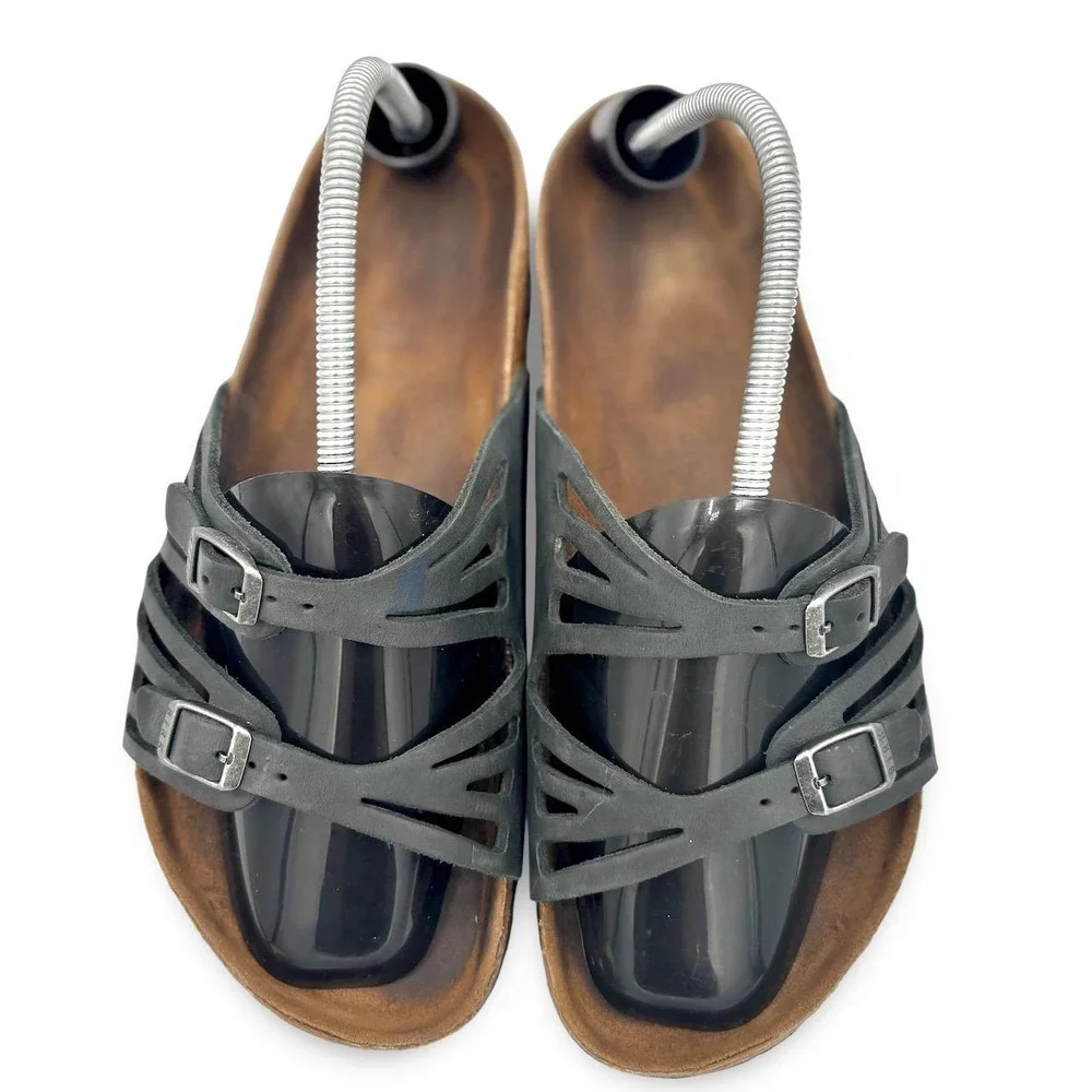 Birkenstock Womens Granada Sandals 42 Gray Black Leather Buckle Slide Cutout